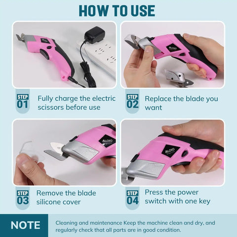 How to use Cordless Electric Scissors For Cardboard And Fabric With Two Blade Types, Rechargeable Power Shears, in pink.