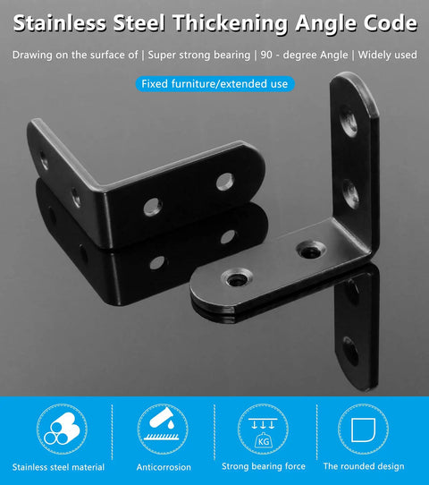 Heavy Duty Stainless Steel L Brackets Corner Brace Kit Right Angle Furniture Joint Reinforcement Hardware Tough As Nails Hella Solid Woodworking Support 2 By 2 Inch Black 8 Pack With Screws on a black surface