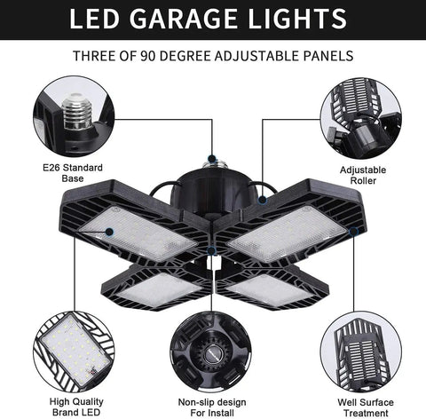 Diagram of Two Pack 100W LED Garage Lights With Deformable Four Panel Heads, 10000 Lumens Daylight 6000K E26 Base features