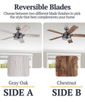 Industrial 52 Inch LED Ceiling Fan With Remote Light Kit, Dual Mount, Reversible Blades in Gray Oak and Chestnut Finish.