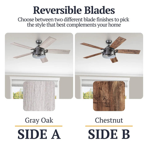 Industrial 52 Inch LED Ceiling Fan With Remote Light Kit, Dual Mount, Reversible Blades in Gray Oak and Chestnut Finish.