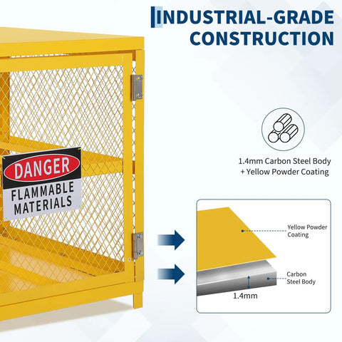 Close-up of heavy duty hazardous material storage cabinet for propane tanks with lock and guardrails, featuring pro grade powder coated steel construction.
