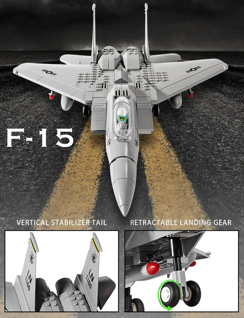 F 15 Eagle Fighter Jet Building Block Set With 262 Pieces For Kids Ages 8 And Up And Military Fans, showing detailed stabilizer and gear