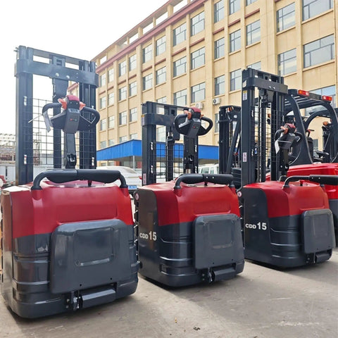 Heavy Duty Electric Pallet Stacker Battery Powered Hydraulic Lift Truck Walk Behind Warehouse Material Handling Forklift Machine in industrial setting.