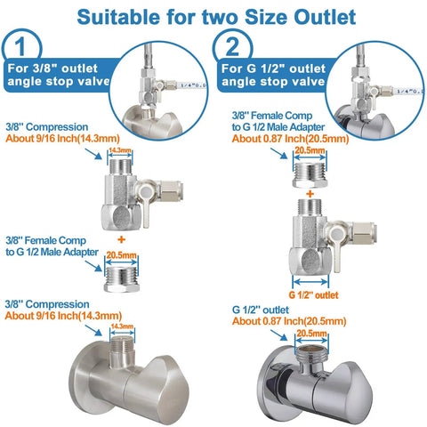 Two size outlet valves and fittings for Heavy Duty 25 Foot Food Grade Refrigerator Water Line Kit with detailed measurements.