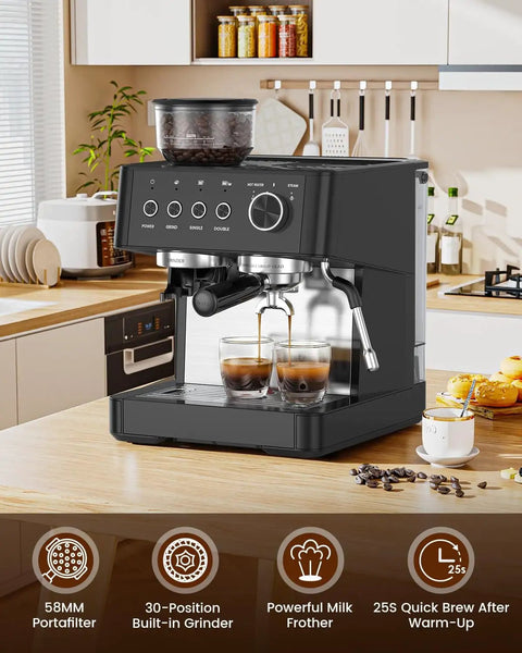 All In One Espresso Machine With Built In Grinder For Home Use Anti Clog Grind Path Matte Black on kitchen counter