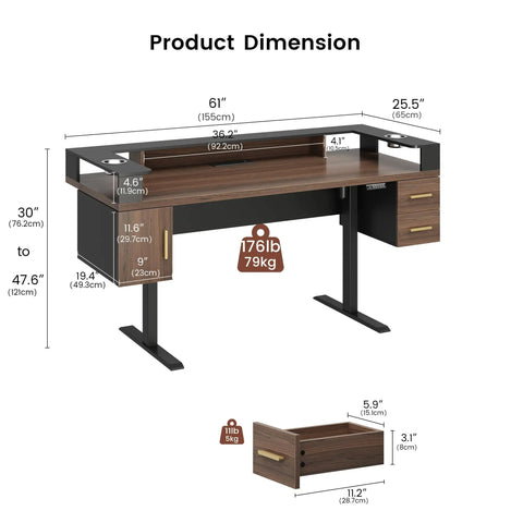 61 Inch Electric Adjustable Standing Desk With Two Smooth Glide Drawers And Latched Storage Cabinet dimensions and features illustration
