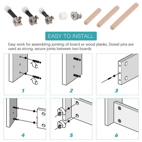 Furniture Connecting Hardware Kit With Cam Locks Dowel Pins And Pre Inserted Nuts And Screws 120 Piece Zinc Alloy Rust Resistant Assortment For DIY Woodworking And Assembly Made Easy, showing installation steps and components.