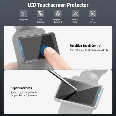 LCD touchscreen protector for Osmo Pocket 4/3 with scratch resistance feature and sensitive touch control demonstration.