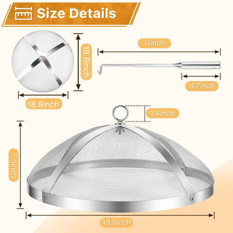 Fire Pit Spark Screen For 19.5 Inch Bonfire, Stainless Steel Shield With dimensions and handle, detachable mesh lid.
