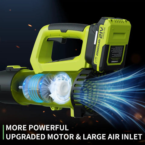 Visible components of the Cordless Leaf Blower 21V With 2 Batteries 2.0Ah And Fast Charger, showing upgraded motor and airflow