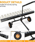 60 Inch Tow Behind Pine Needle Rake For Lawn Mowers, ATVs, And Tractors With 24 Tines, Durable Powder Coated Black And Gold, shown with sturdy spring steel tines.