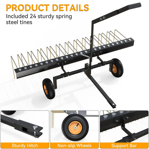 60 Inch Tow Behind Pine Needle Rake For Lawn Mowers, ATVs, And Tractors With 24 Tines, Durable Powder Coated Black And Gold, shown with sturdy spring steel tines.