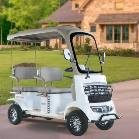Chill Four-Seater Electric Golf Cart With Massive Storage Trunk And 800W Motor parked on a path near a house.