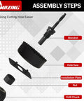 Pro Grade Hole Saw Kit 19-Piece Set With 3/4 Inch To 5 Inch Blades assembly steps, featuring mandrel, hole saw, and installation plate.