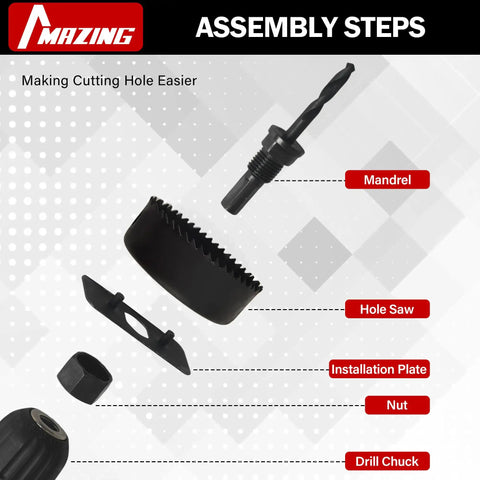 Pro Grade Hole Saw Kit 19-Piece Set With 3/4 Inch To 5 Inch Blades assembly steps, featuring mandrel, hole saw, and installation plate.