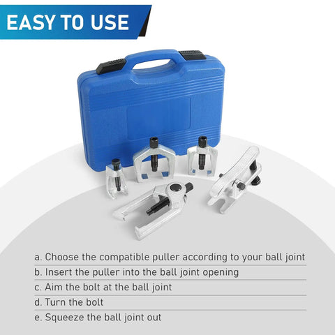 Beefed Up Five Piece Ball Joint Separator And Pitman Arm Puller Kit with tools and blue carry case