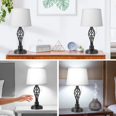 Set Of 2 Bedside Lamps With USB Port And AC Outlet, Nightstand Lamps With Pull Chain For Living Room Bedroom Office, 22 Inch Tall, Gray Shade, Dual Charging USB And Outlet Ready.