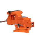Heavy-Duty 6-Inch Bench Vise With Swivel Base, cast iron, 6 inch jaw opening, shown in orange for workshop tasks.