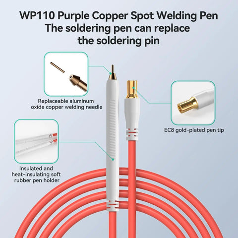 WP110 Purple Copper Spot Welding Pen with replaceable tip and insulated holder, part of Dope Upgraded LCD Screen Spot Welder.