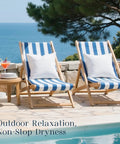 Outdoor Pillow Inserts 18x18 Pack Of 4 Waterproof Cushions on blue striped patio chairs by a poolside with ocean view.