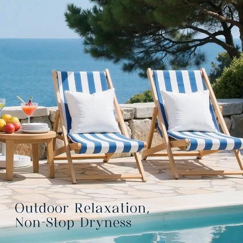 Outdoor Pillow Inserts 18x18 Pack Of 4 Waterproof Cushions on blue striped patio chairs by a poolside with ocean view.