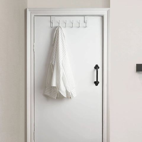 Over The Door Hooks White 6 Pack Towel Rack And Coat Hanger For Back Of Door Organization Fits Doors From One And Three Eighths To One And Three Quarters Inches Thick With Soft Sponge Padding To Prevent Scratches shown installed with a shirt hanging