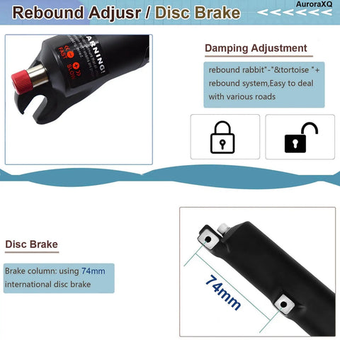 Rebound adjuster and disc brake detail of Fat Tire Bike Fork With Air Suspension Fits 20 Or 26 Inch 190mm Travel 135mm Hub Spacing