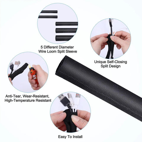 Close-up of Split Wire Loom Master Kit Pro Grade for Car Cabling, showing split sleeve, installation, and heat resistance features.
