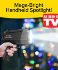Monster Bright Rechargeable Spotlight With 10 Modes And Turbo Boost To 100 Percent Built In Kickstand And USB Phone Charger Ideal For Camping And Emergencies 9 Inch Black Flashlight As Seen On TV, handheld against blurred city lights.
