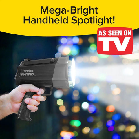 Monster Bright Rechargeable Spotlight With 10 Modes And Turbo Boost To 100 Percent Built In Kickstand And USB Phone Charger Ideal For Camping And Emergencies 9 Inch Black Flashlight As Seen On TV, handheld against blurred city lights.