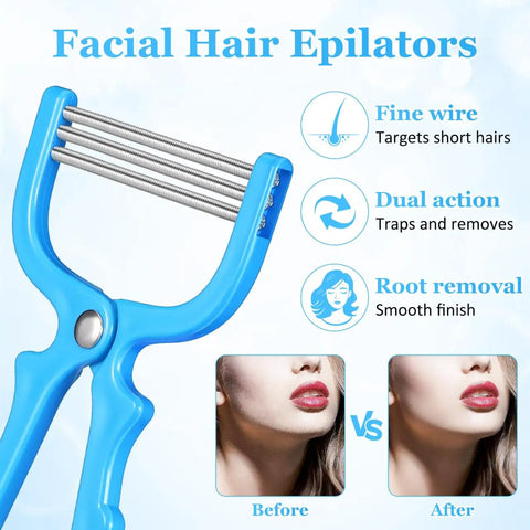 Facial Hair Epilator Spring Tool 3-Pack Painless No Fuss Root Remover showing tool design, before and after results.