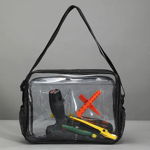 Keep Static Outta Your Circuit Boards With This Antistatic Clear Crossbody Tool Bag Featuring An Adjustable Strap So Field Techs And Cleanroom Crews Can Haul Their Essential Gear Hassle Free On Job Sites Anytime, showing tools inside a transparent bag.
