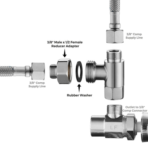 Heavy Duty Water Line Adapter Four Pack Half Inch Female To Three Eighths Male Reducer Fitting for Kitchen and Bathroom Faucet Hoses in parts view.
