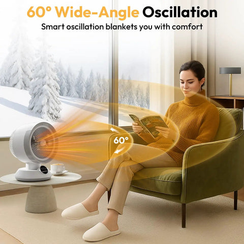 Woman sitting with a book near 2 In 1 Heater And Fan Portable Space Heater With 60 Degree Oscillation for indoor comfort