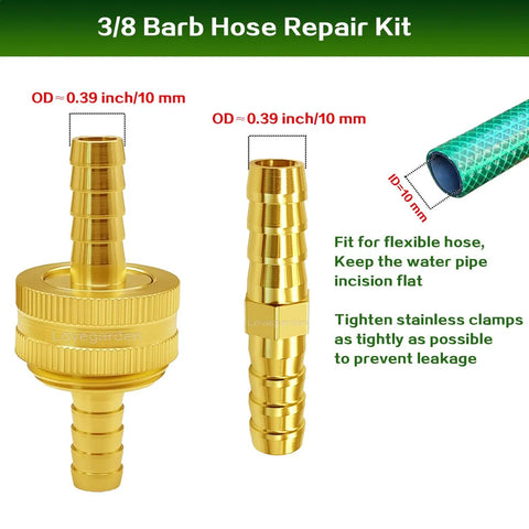 Branded Garden Hose Repair Kit With 6 Premium Brass Barb Connectors And Fittings For Quick Fixes, Including Female Male Adapters And Stainless Steel Clamps To Fix Leaks And Extend Hose Life Today. 3/8 inch brass barb hose repair fitting, 10 mm