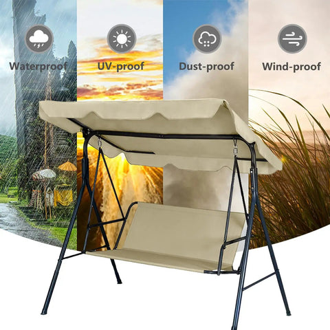 Heavy Duty Two Thirds Seater Patio Swing Cushion Cover Waterproof 600D Oxford Fabric Beige Upgrade For Outdoor Porch Swing Cushions All Weather Ready Easy Slip On Fit For 58 Inch Cushions shown with weatherproof icons.