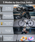 Portable Car Tire Inflator And Air Compressor With Pressure Gauge And LED Light Auto Shut Off At Preset PSI for various modes.