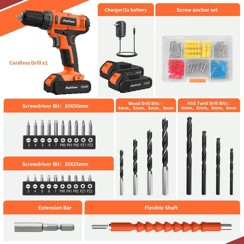 20V Cordless Drill Driver With Dual Batteries, 30Nm Torque, 21 Plus 1 Clutch, kit including drill bits and charger, orange