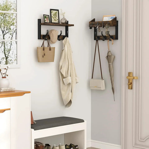 Installed 29 Inch Wall Mounted Coat Rack With Shelf And 11 Metal Hooks 4 In 1 Entryway Organizer, holding coats and accessories.