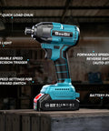 Cordless Impact Driver Kit With 21V Max Torque 1590 In-Lbs And 0-2500 RPM, LED light, variable speed trigger, on workbench