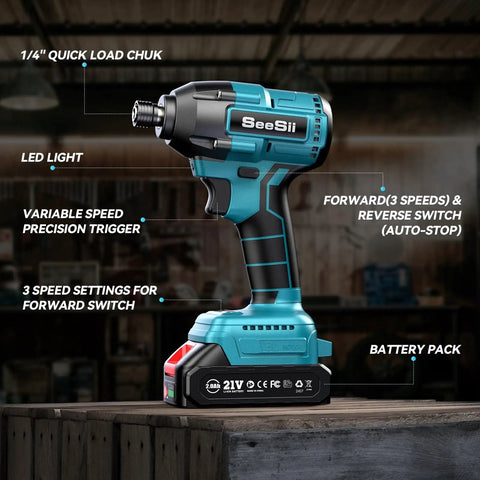 Cordless Impact Driver Kit With 21V Max Torque 1590 In-Lbs And 0-2500 RPM, LED light, variable speed trigger, on workbench