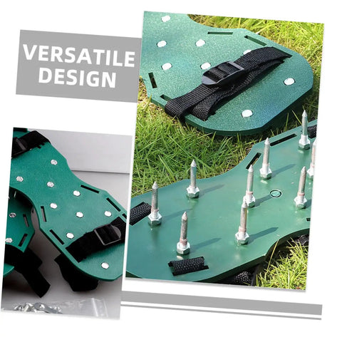 No Fuss Setup 16 Pcs Lawn Aerator Shoes Straps With Grass Spike Attachments on grass showing spikes and straps