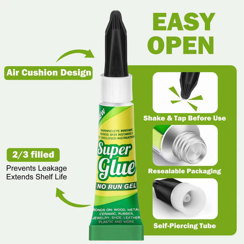 Clear Gel Cyanoacrylate Adhesive For Plastic Metal And Wood With Quick Dry Formula Pack Of 12 Minis Ideal For 3D Printing Ceramic Shoes Toys And Everyday Household Repairs tube with easy open instructions.