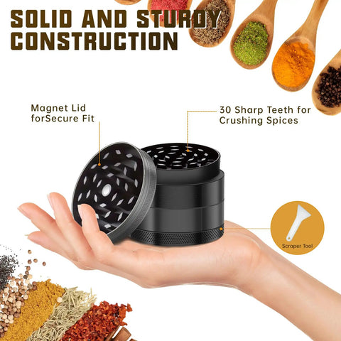 2.5 Inch Extra Large Kitchen Grinder In Obsidian Black with ergonomic handle, seen held, highlighting magnetic lid and sharp teeth for home cooks.