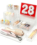 Clear Drawer Organizers Set Five Sizes Straight Up Tames Messy Vanities with various items neatly sorted.