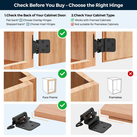 Check before you buy Knockout Matte Black Cabinet Hinges Half Inch Overlay 30 Pack instructions for selecting the right hinge.