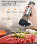 Electric Salt And Pepper Grinder Set With 2 Speed Modes 5 Coarseness Settings in use over a steak with LED illumination.