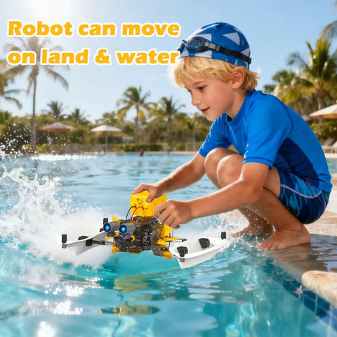25 In 1 Solar Science Robot Kit For Kids Ages 8 And Up, A Totally Fun Hands On STEM Building Toy That Lets Them Build 25 Different Solar Robots, Learn Basic Coding, Physics And Engineering, A Cool Educational Gift For Curious Makers, boy testing robot on water
