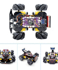 Top-down view of Adeept Mecanum Wheel Smart Car Kit with yellow chassis, purple control board, four mecanum wheels.